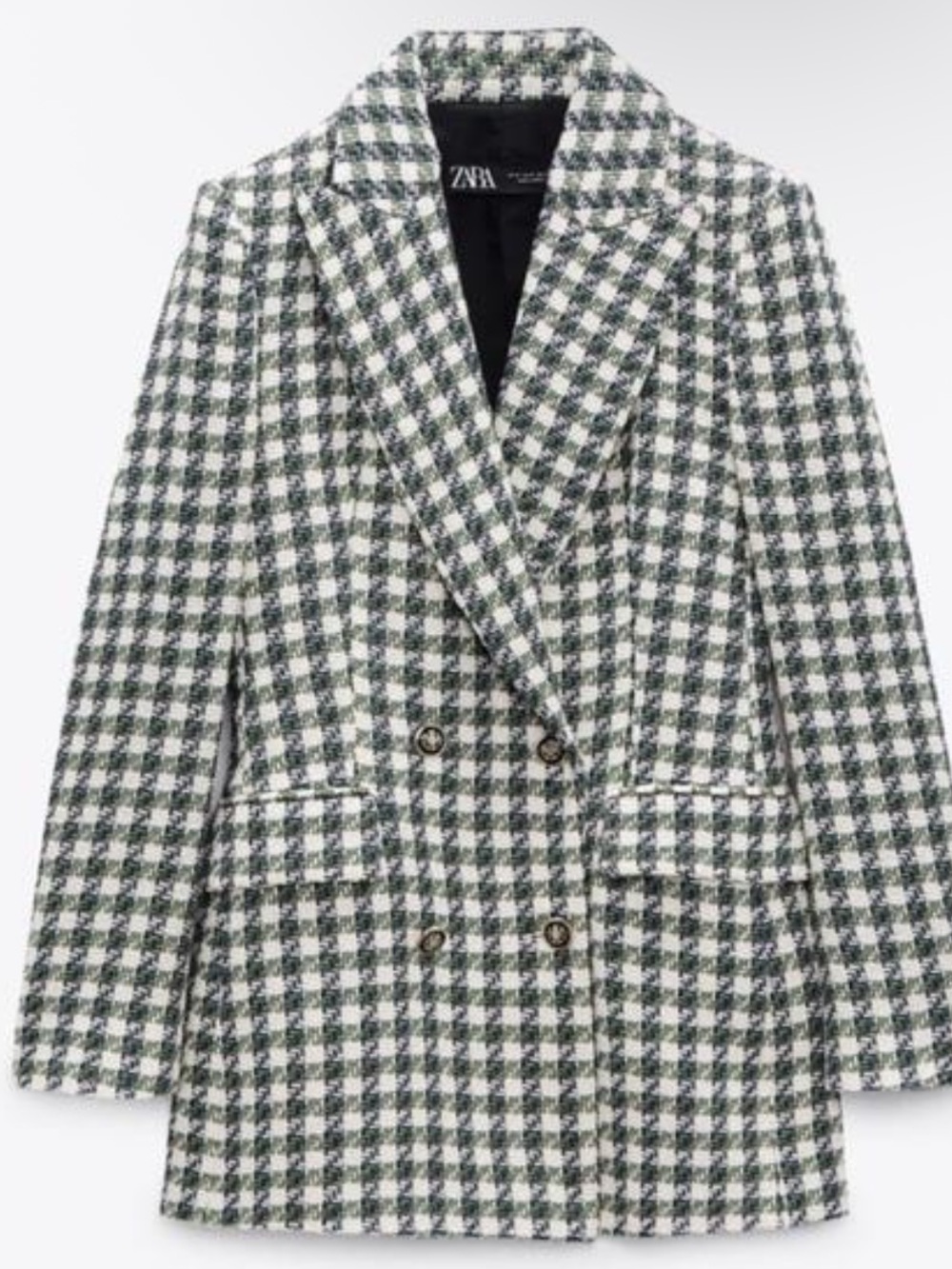 ZARA Textured Houndstooth Tweed Blazer Green Ecru Navy Double Breasted M NWT